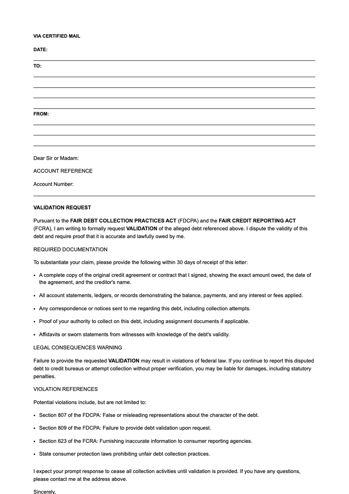 Fair Debt Collection Practices Act validation request letter template_variant_1